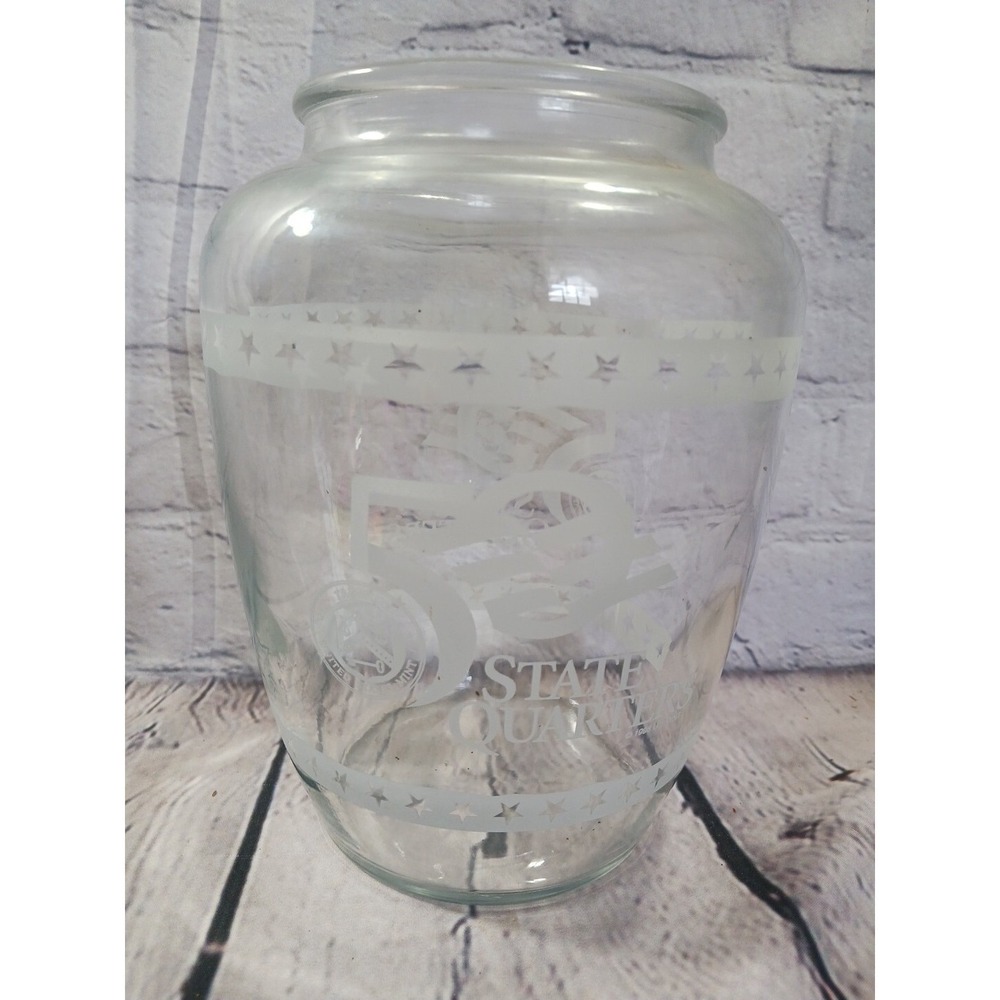 US Mint 50 State‎ Quarters Program Frosted Logo Clear Glass Coin Jar Canister
